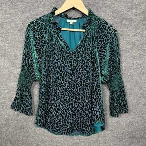 Jade Melody Tam Size Small Shirt Blouse Teal Velvet Burnout Animal Print Ruffled